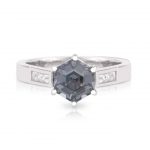 Hex cut grey spinel and diamond engagement ring