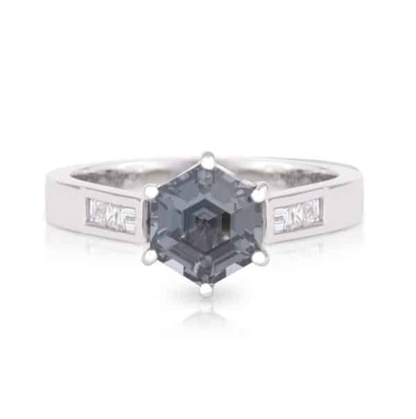 Hex cut grey spinel and diamond engagement ring