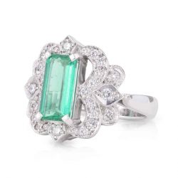Long Emerald Cut Emerald and Diamond Art Deco Dress Ring