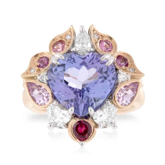 Tammy Style Tanzanite Heart with Art Deco leaf style halo with Pink ...