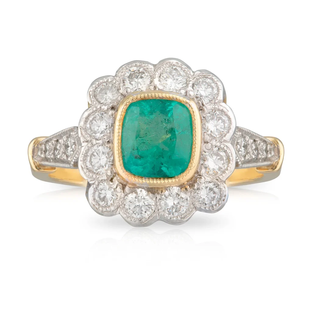 Emerald and Diamond Halo Dress Ring Front