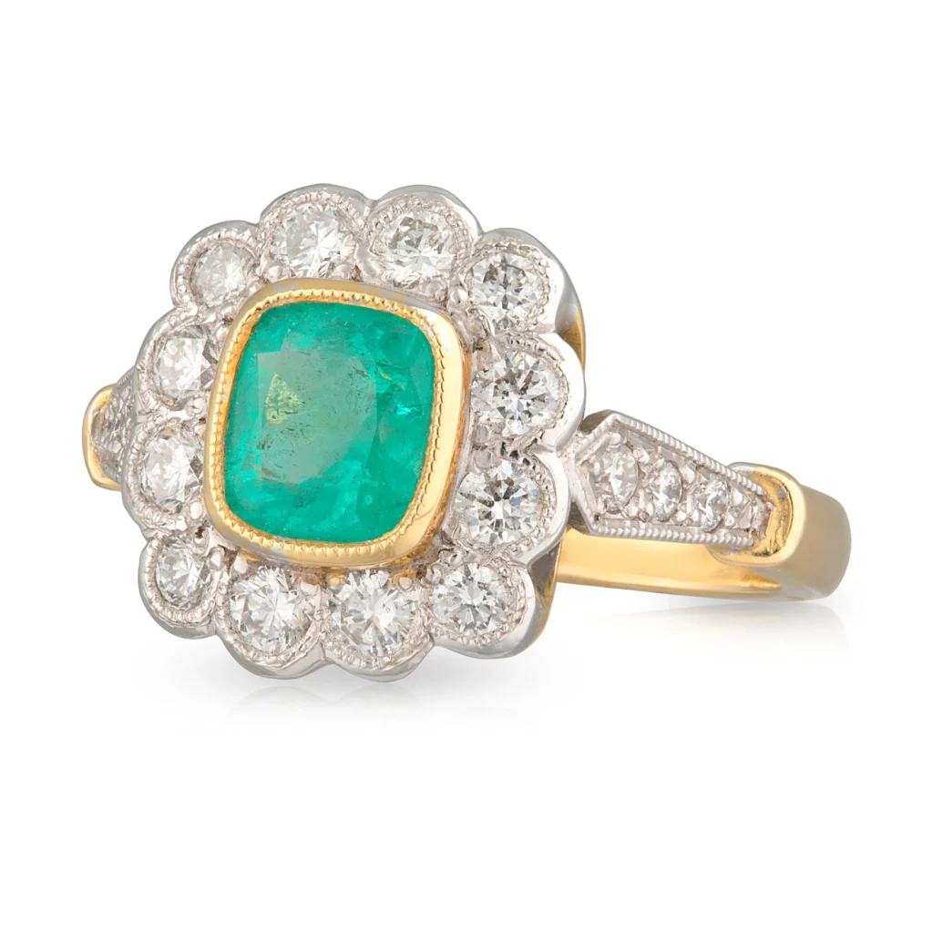 Emerald and Diamond Halo Dress Ring Front Left