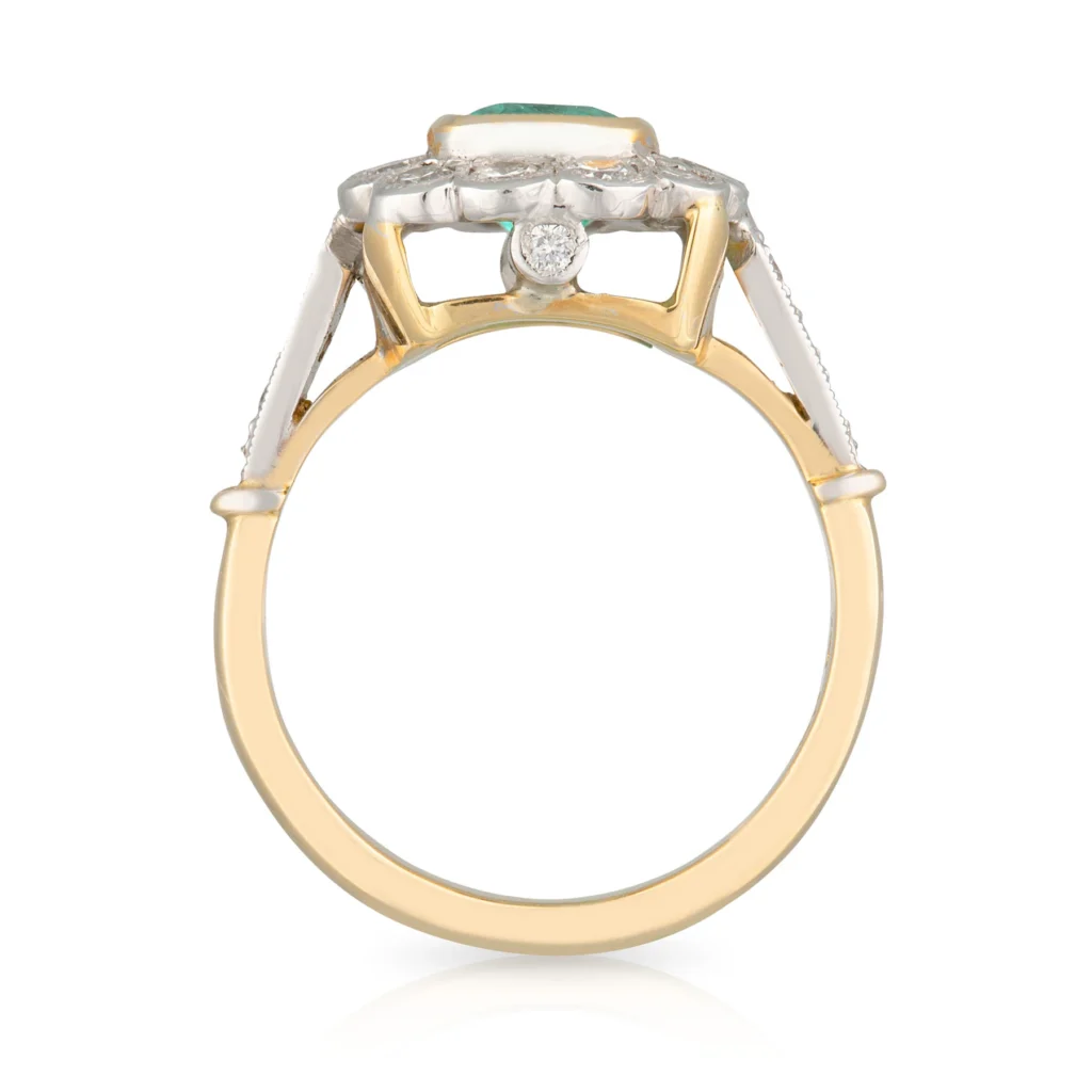 Emerald and Diamond Halo Dress Ring SittingUp