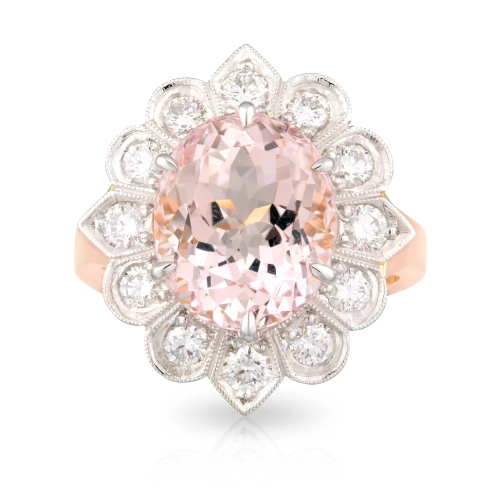 Oval Morganite Diamond Halo Dress Ring Front