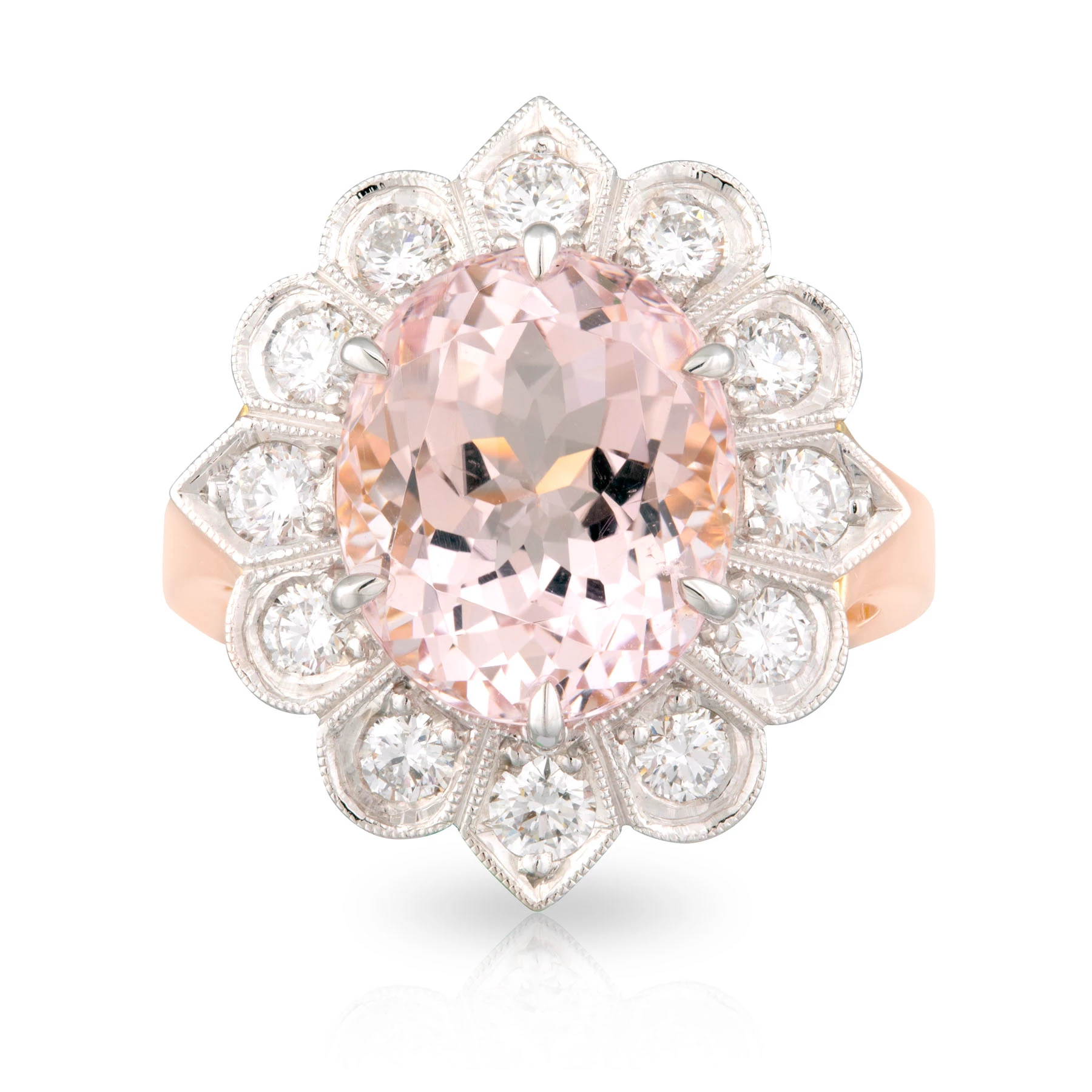 Oval Morganite Diamond Halo Dress Ring Front