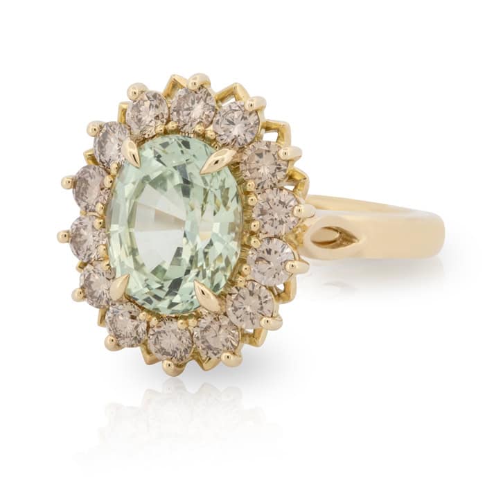 Oval Mint Sapphire Cog Diamong Ring