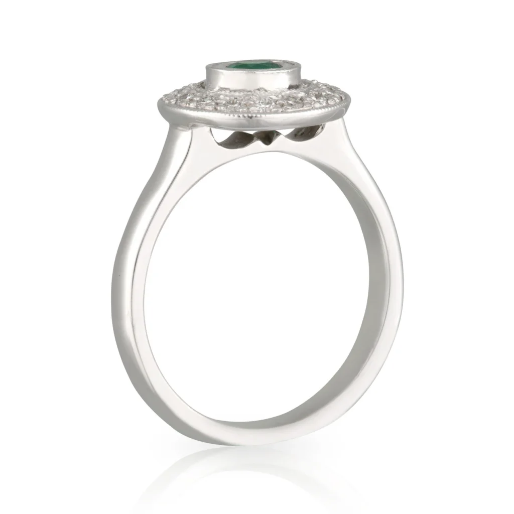 Round Emerald Diamond Halo Bezel Ring