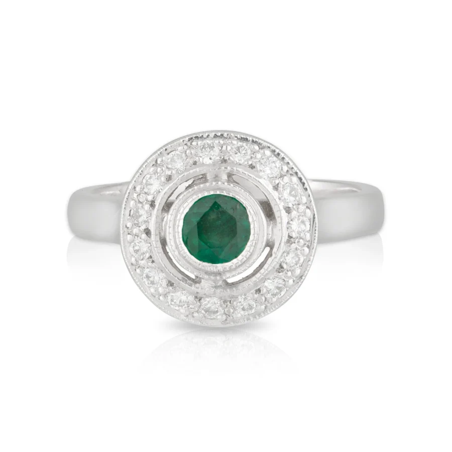 Round Emerald Diamond Halo Bezel Ring Front
