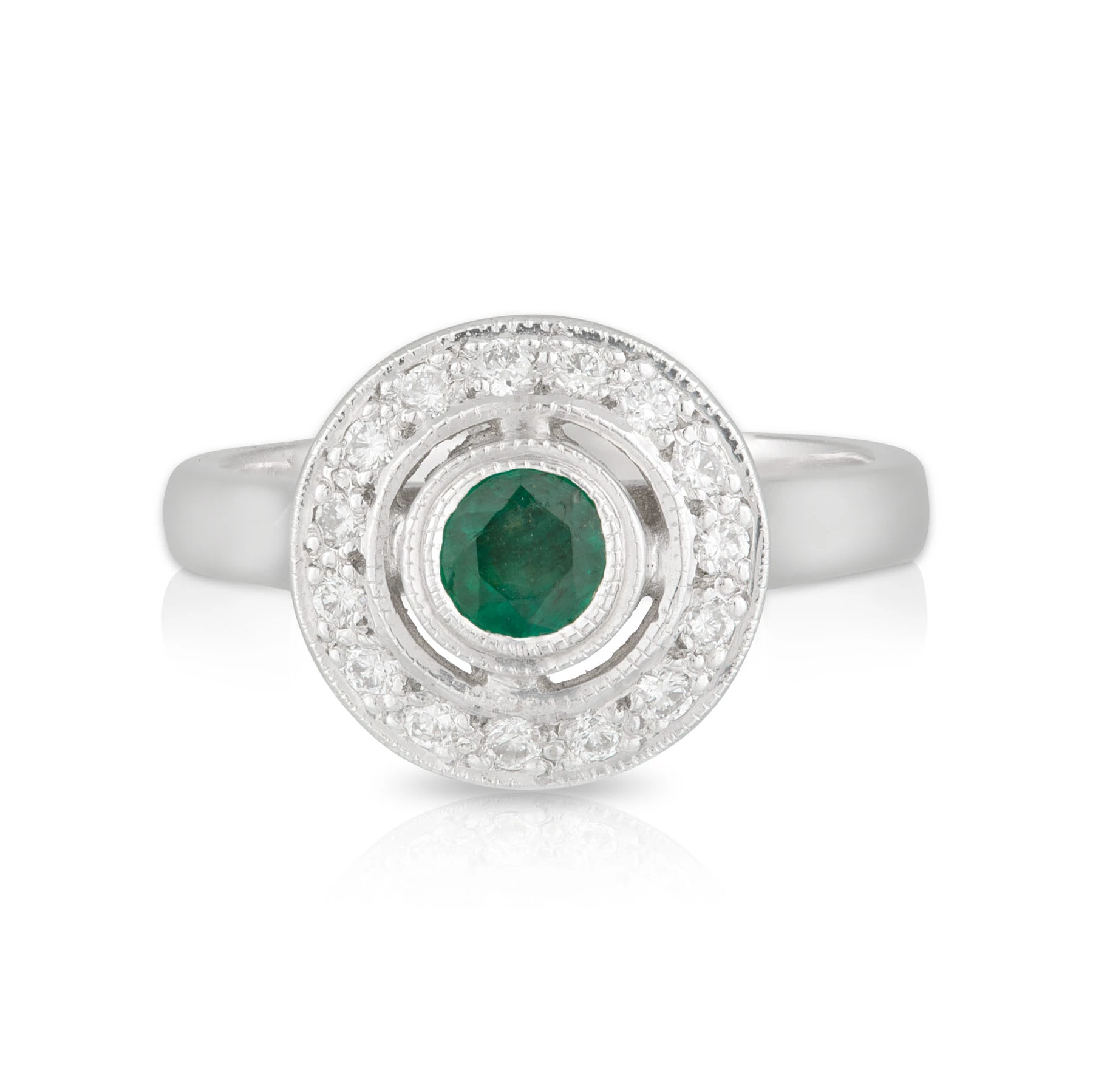 Round Emerald Diamond Halo Bezel Ring Front