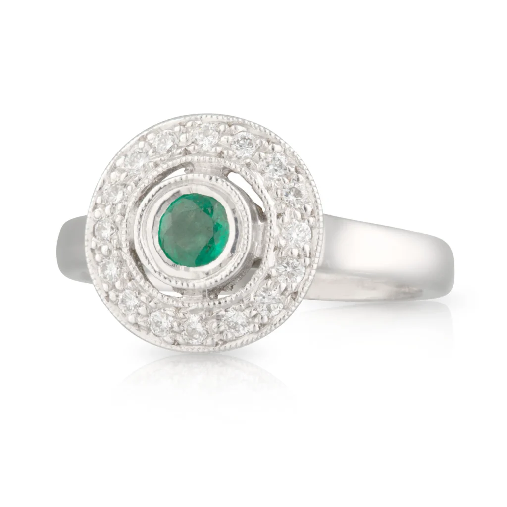 Round Emerald Diamond Halo Bezel Ring Front Left