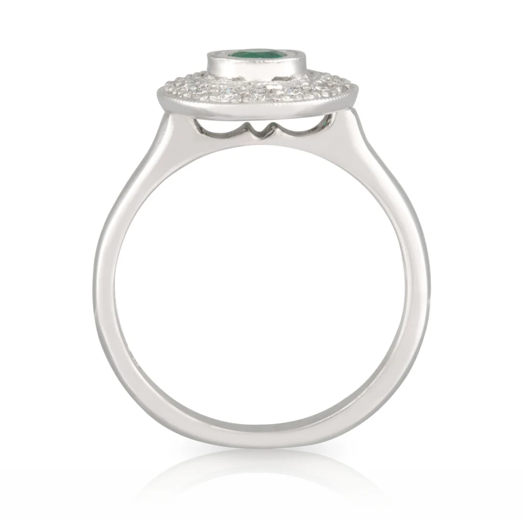 Round Emerald Diamond Halo Bezel Ring Sitting Up