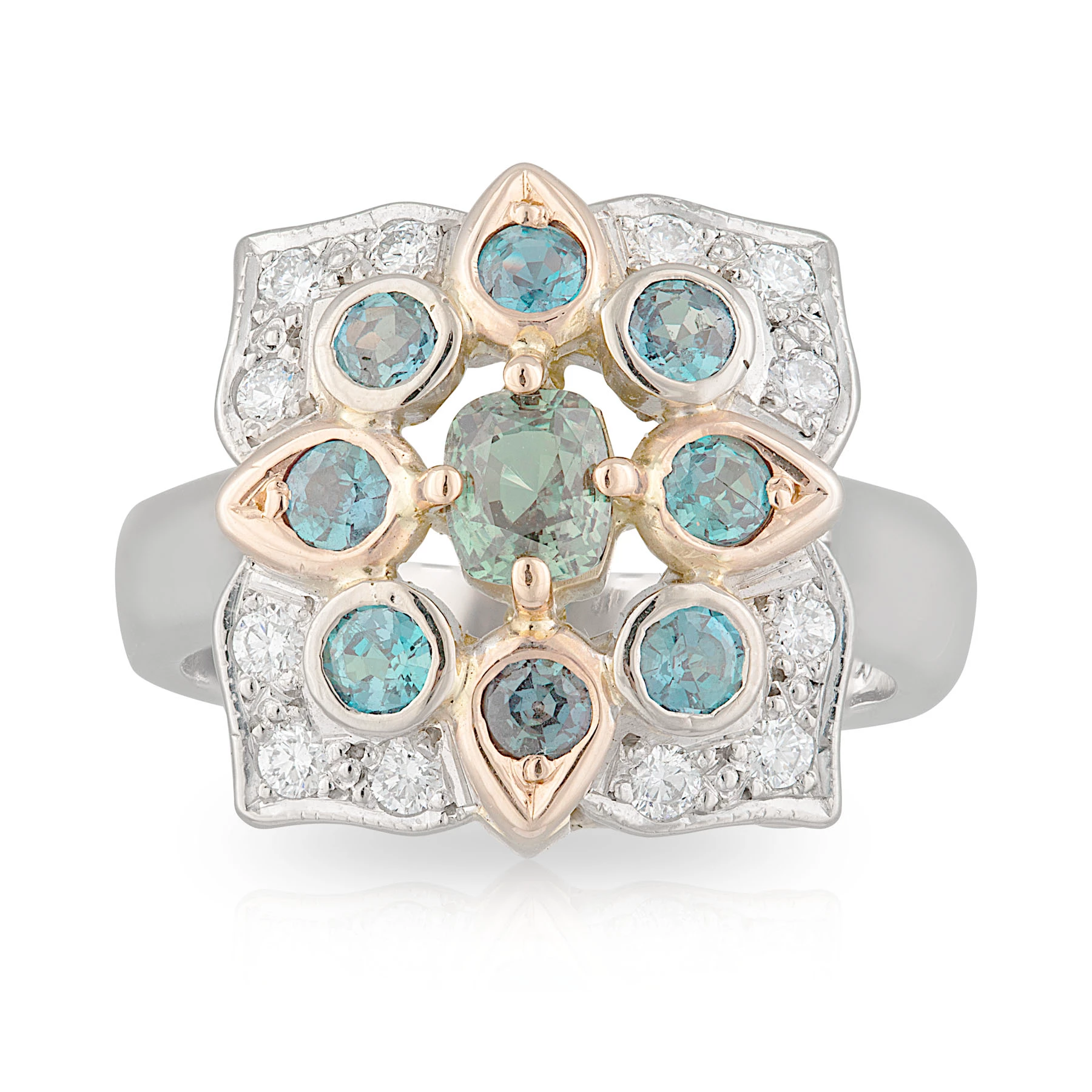 Alexandrite and Diamond Clover Ring Front