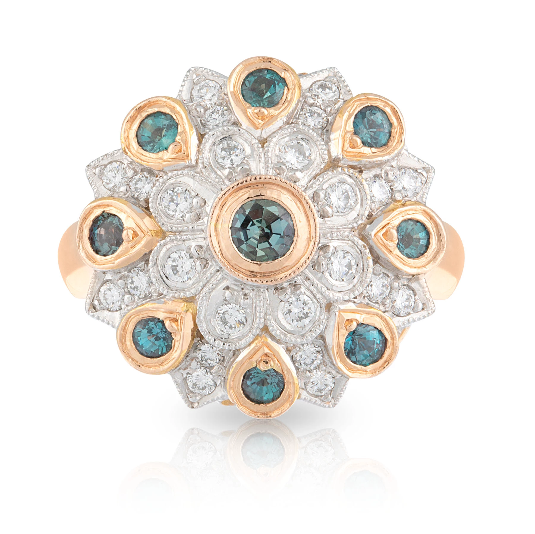 Alexandrite and Diamond Flower Ring Front