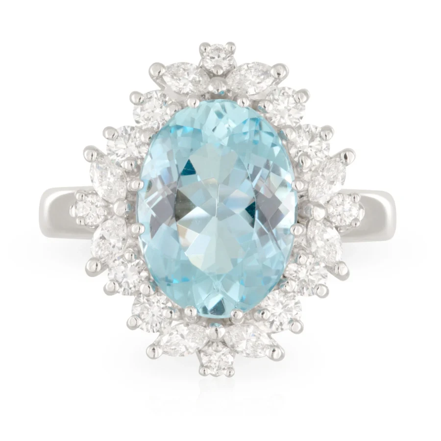 Aquamarine Deco Diamond Halo Ring