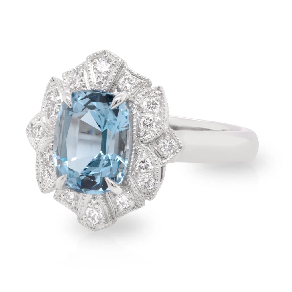 Aquamarine Diamond Halo Ring Left