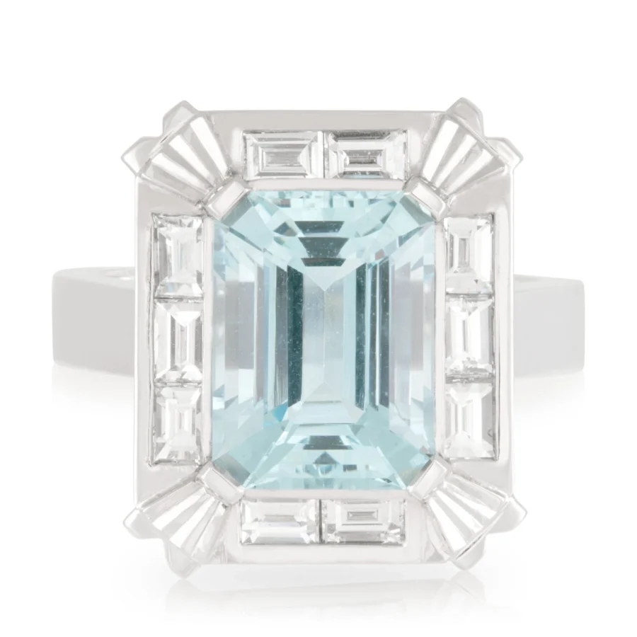 Aquamarine and Baguette Diamond Halo Ring Front