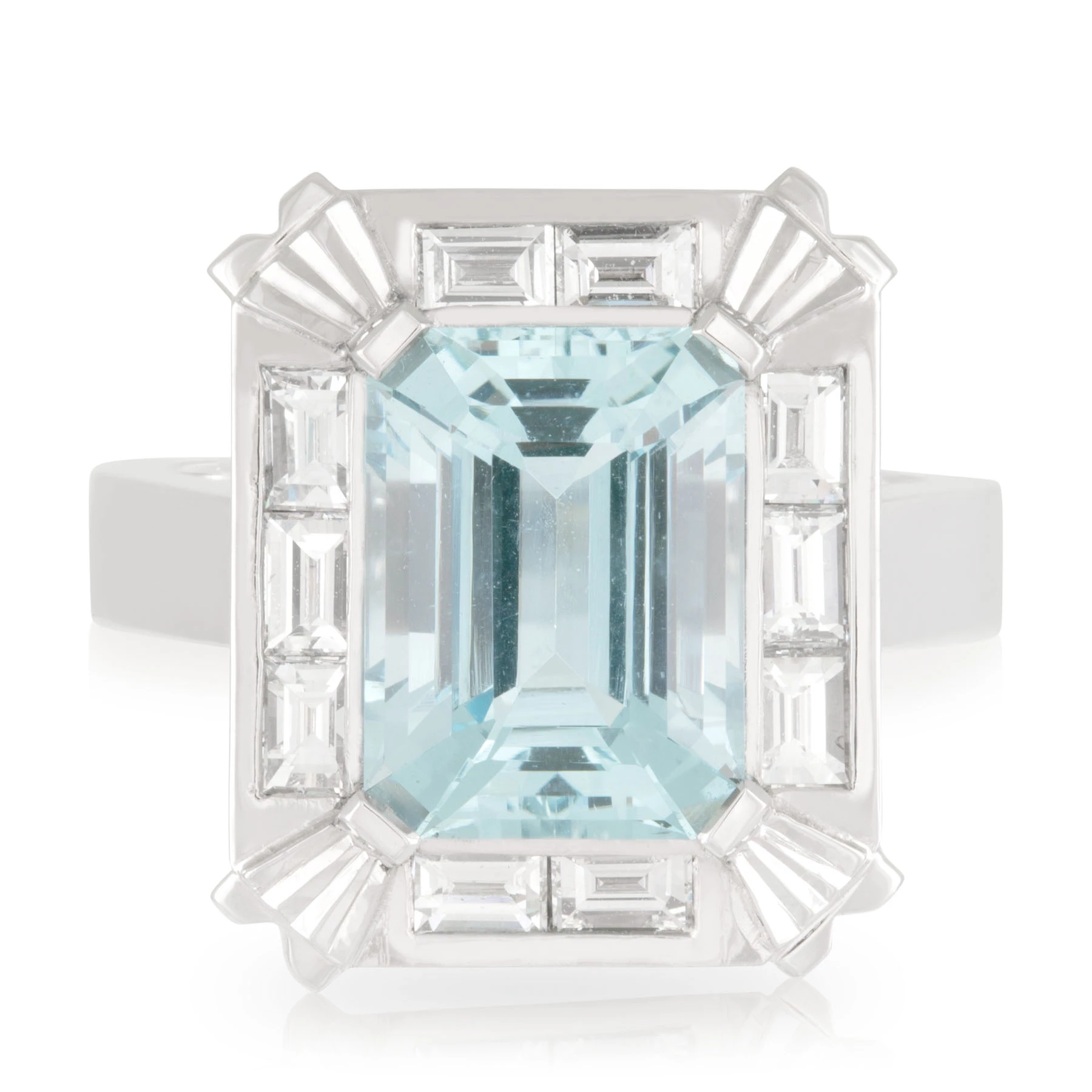 Aquamarine and Baguette Diamond Halo Ring Front