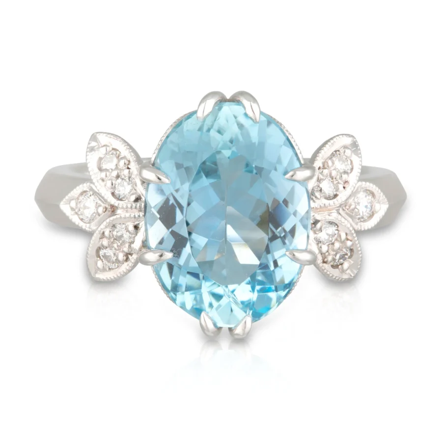 Aquamarine and Diamond Wings Ring Front