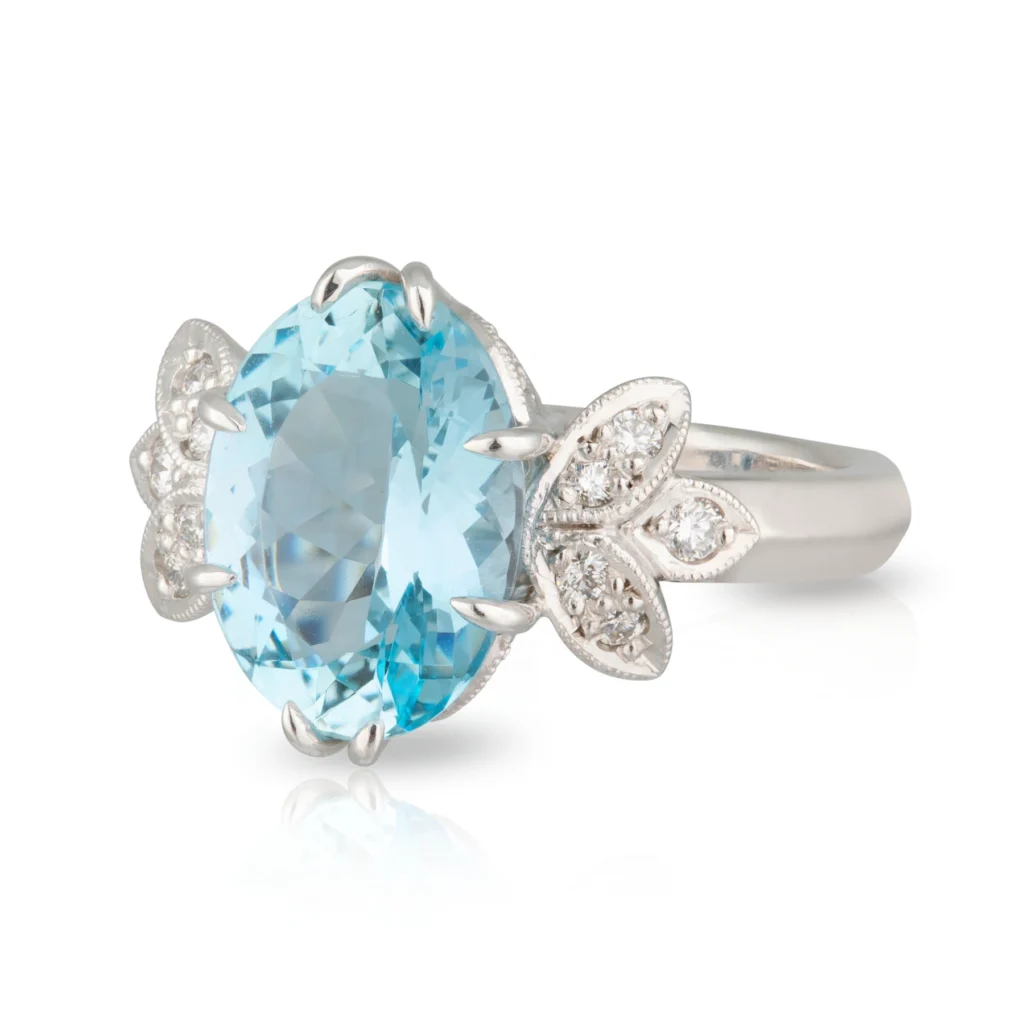 Aquamarine and Diamond Wings Ring Front Left