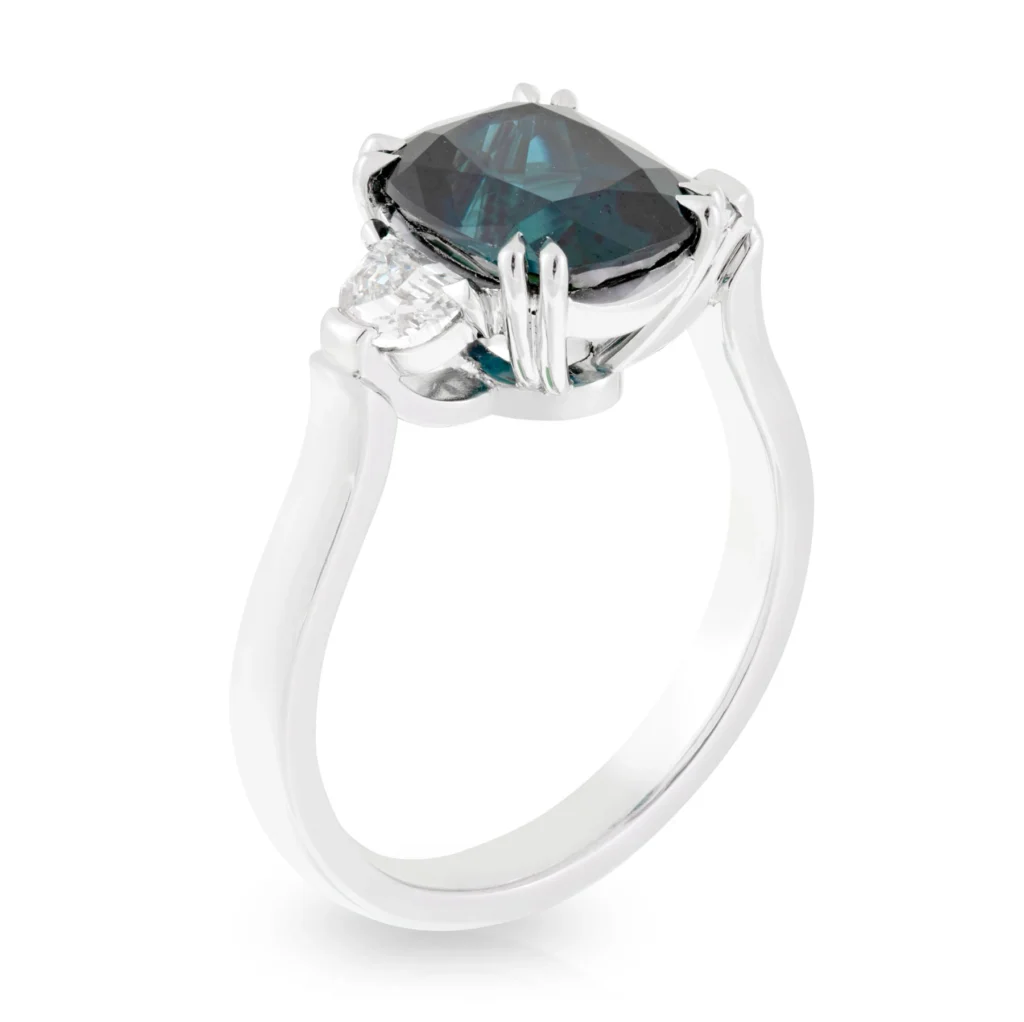 Cushion Sapphire and Half Moon Diamond Engagement Ring