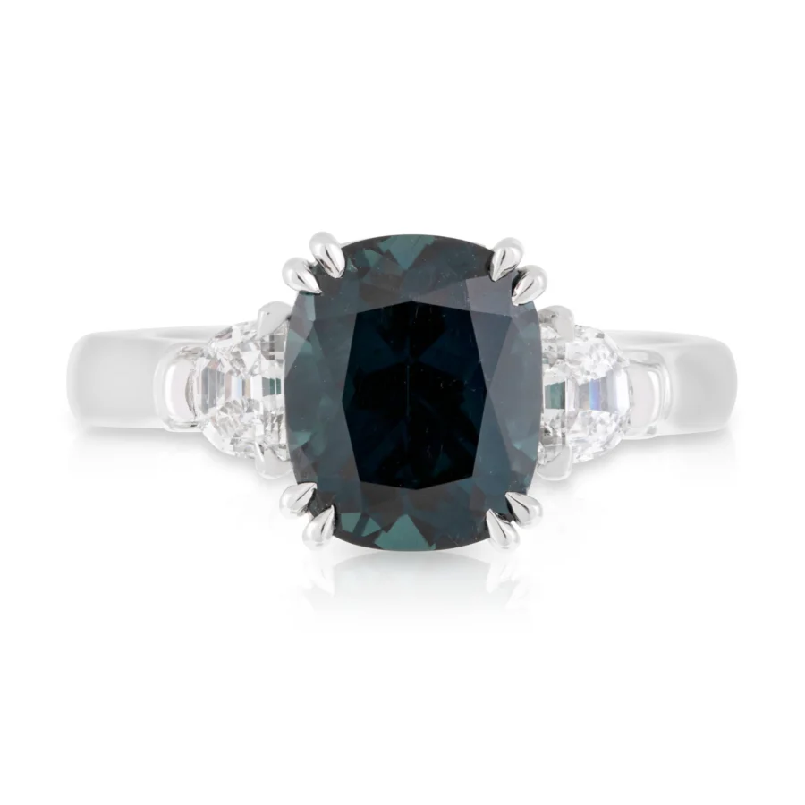 Cushion Sapphire and Half Moon Diamond Engagement Ring