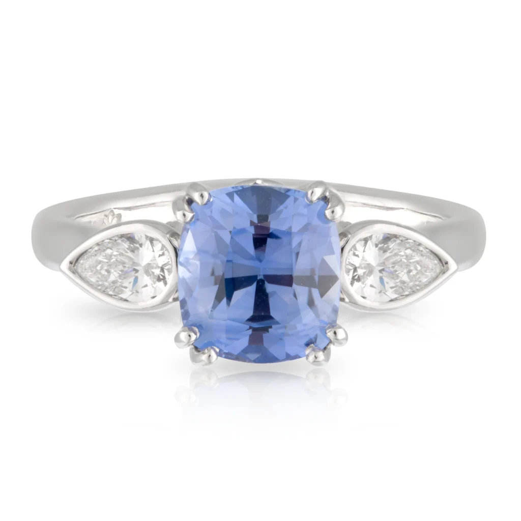 Cushion Sapphire and Pear Diamond Engagement Ring