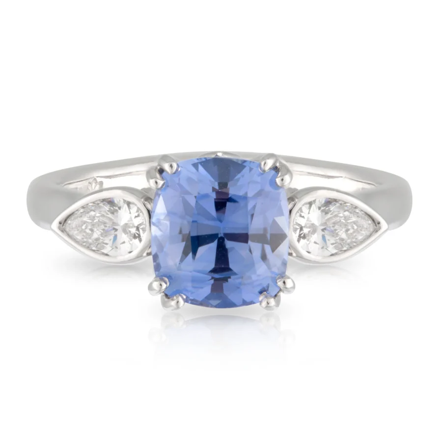 Cushion Sapphire and Pear Diamond Engagement Ring