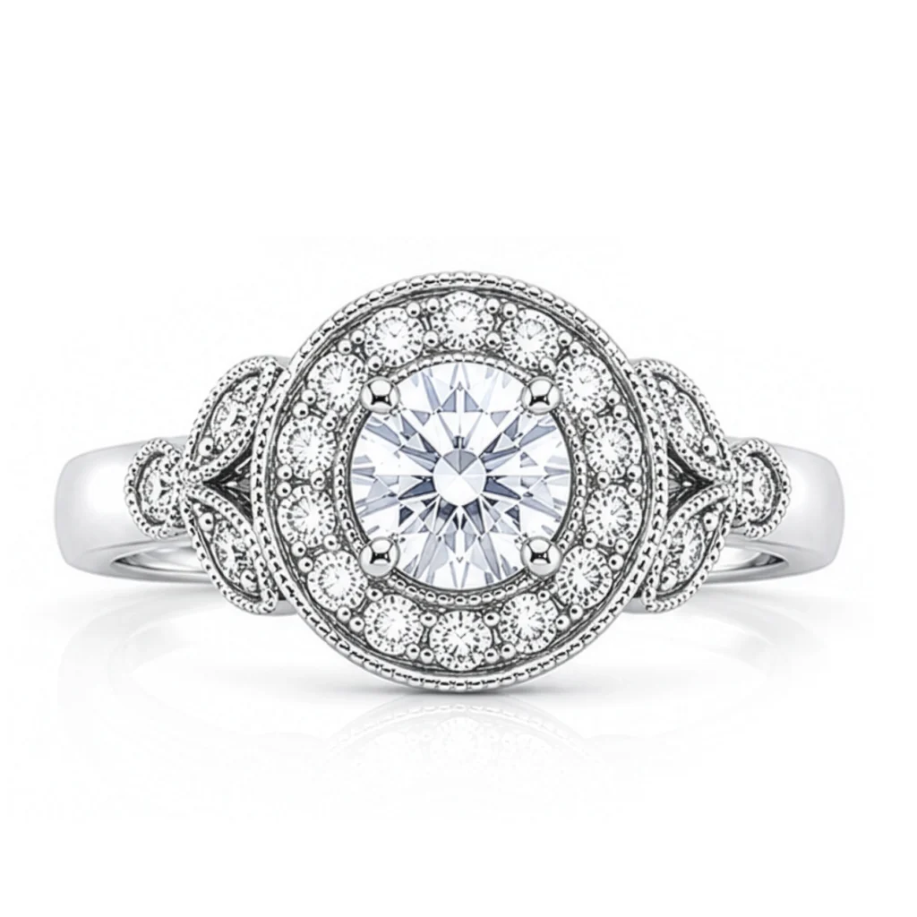 Diamond Round 4 Claw Set Halo with Leaf Shoulder Engagement Ring
