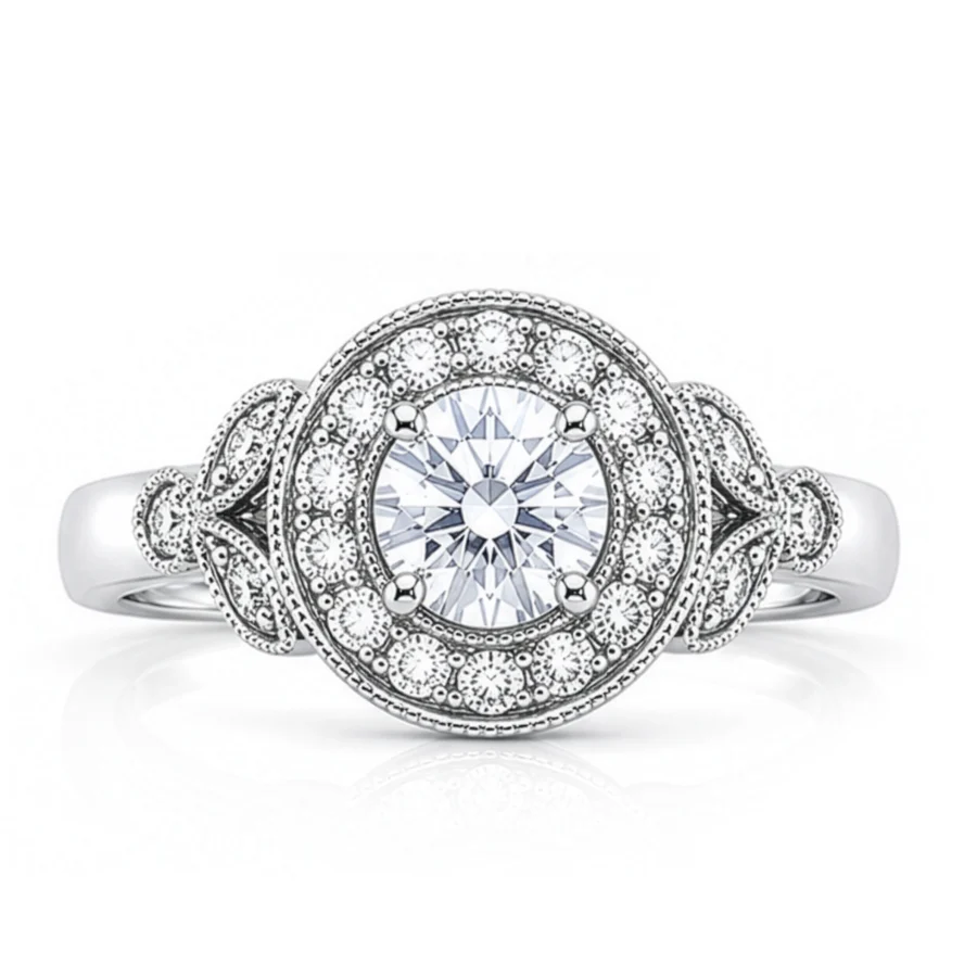 Diamond Round 4 Claw Set Halo with Leaf Shoulder Engagement Ring