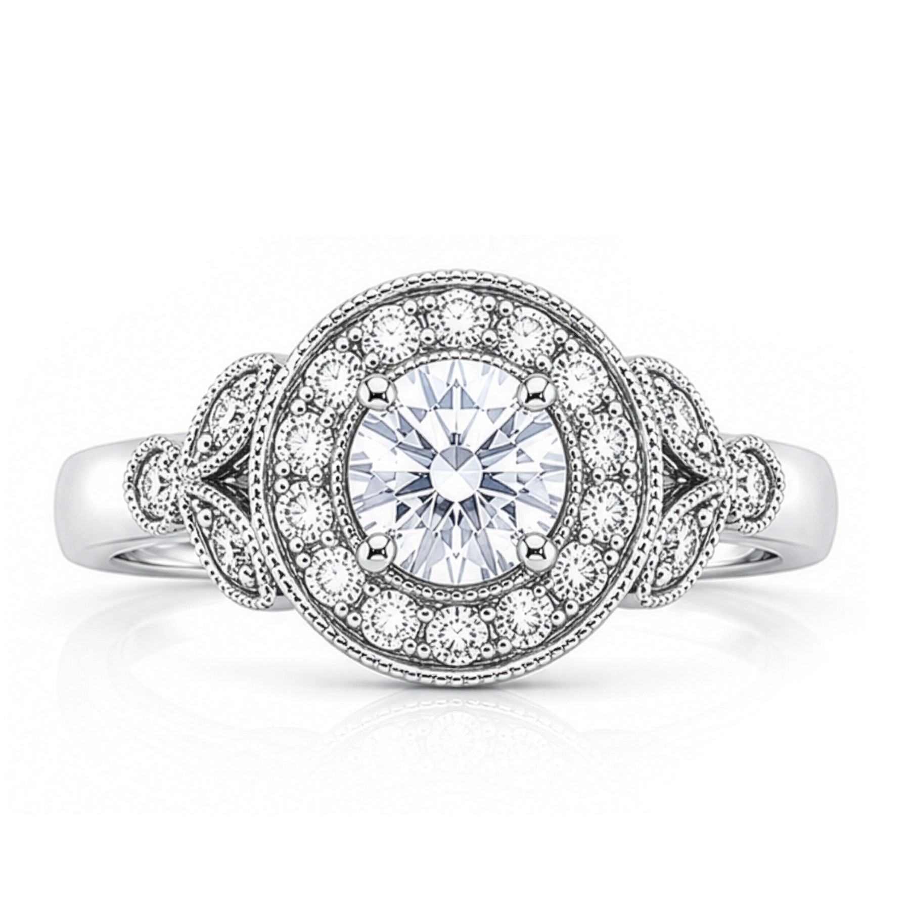 Diamond Round 4 Claw Set Halo with Leaf Shoulder Engagement Ring