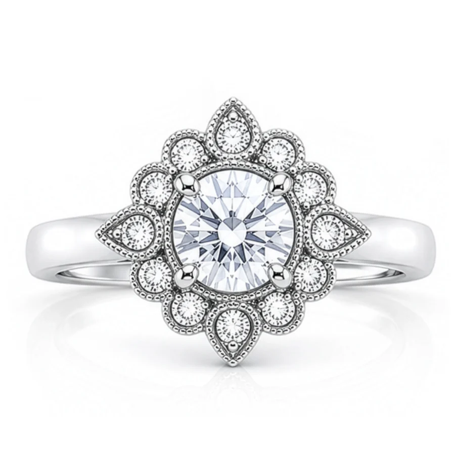 Diamond Round Clover Halo Engagement Ring