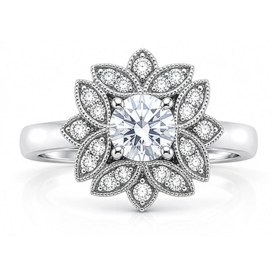 Diamond Round Floral Halo Engagement Ring
