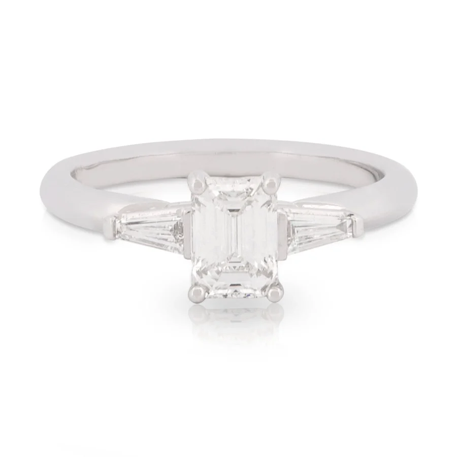 Emerald Diamond and Tapered Baguette Engagement Ring Front
