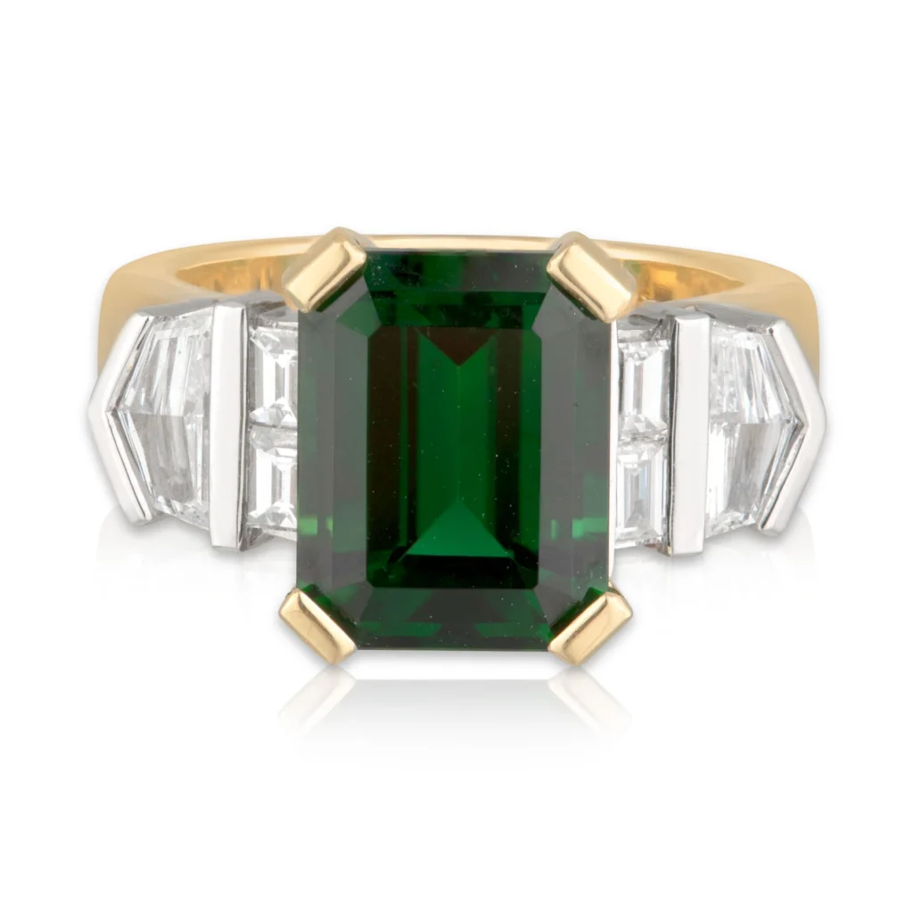 Emerald cut Chrome Tourmaline and Diamond Dress Ring Front