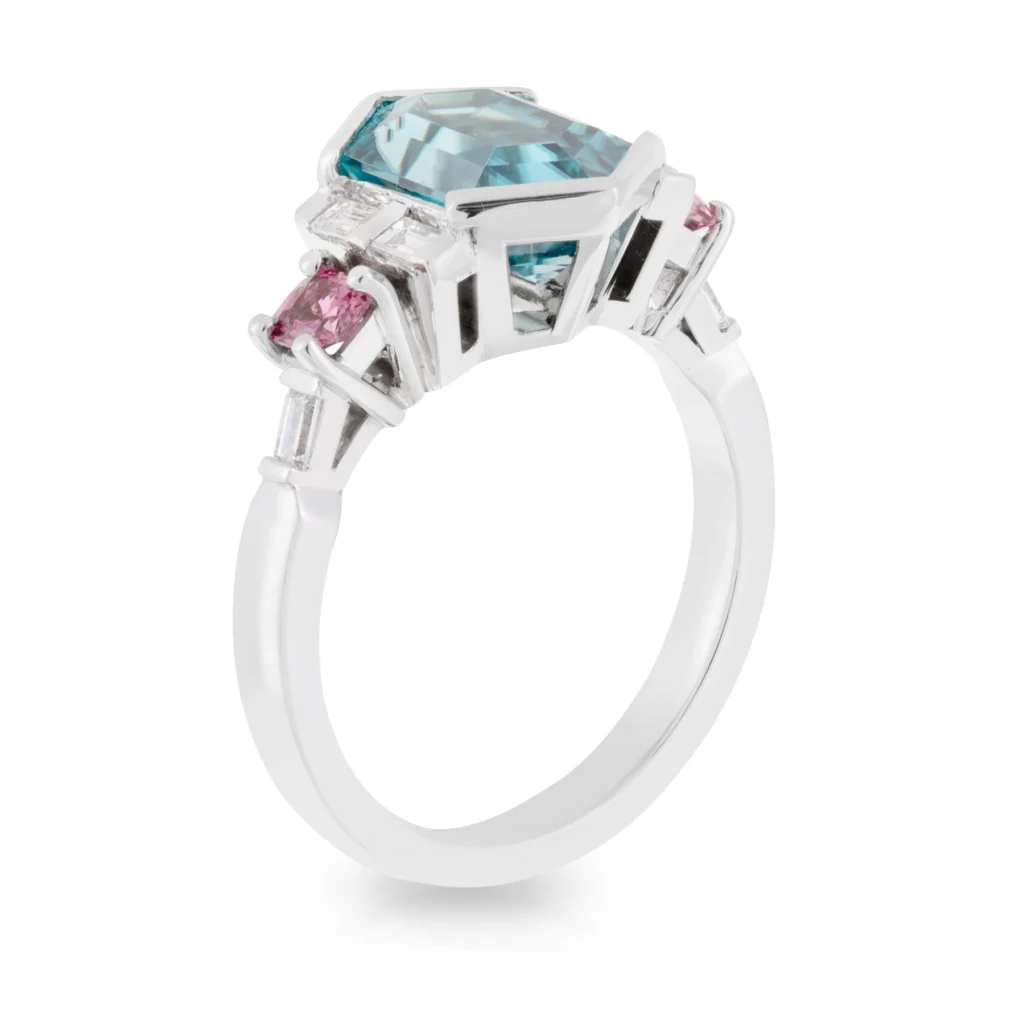 Hex Blue Zircon with Pink Spinels Dress Ring Side