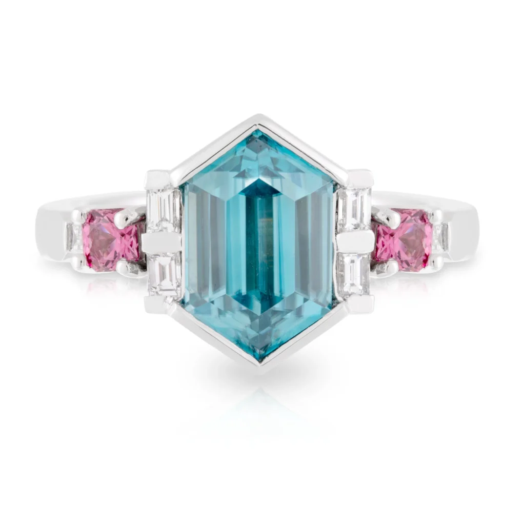 Hex Blue Zircon with Pink Spinels Dress Ring Front