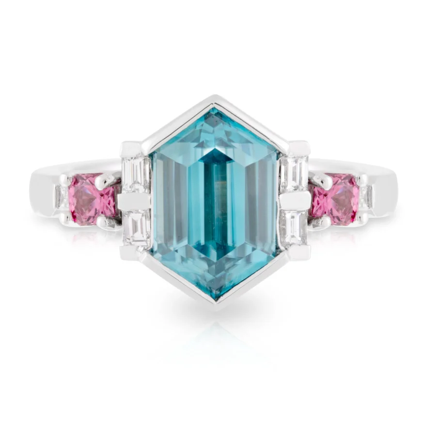 Hex Blue Zircon with Pink Spinels Dress Ring Front