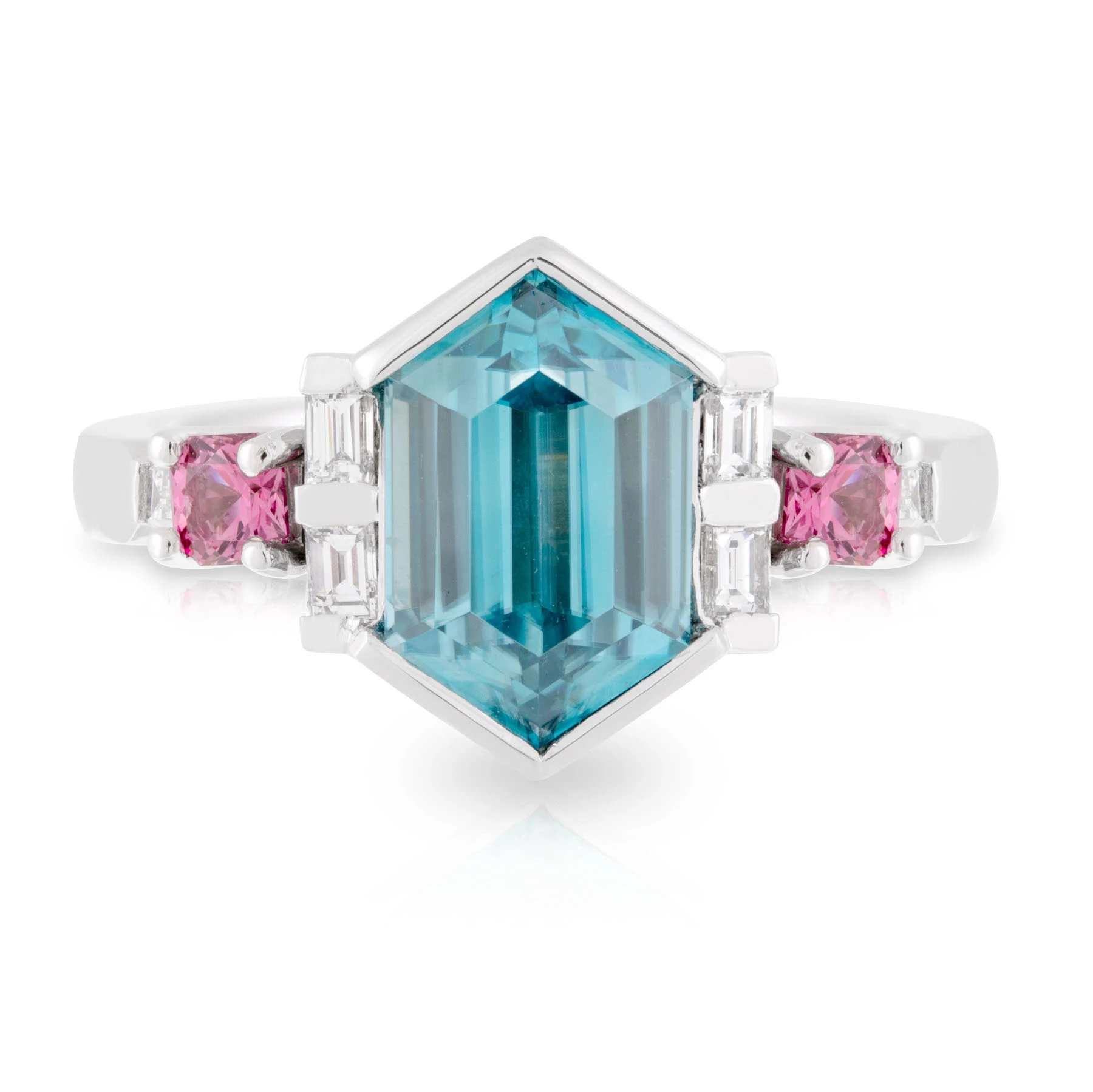 Hex Blue Zircon with Pink Spinels Dress Ring Front