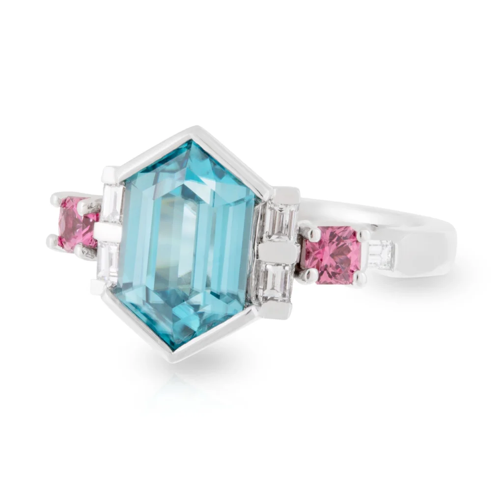 Hex Blue Zircon with Pink Spinels Dress Ring Left