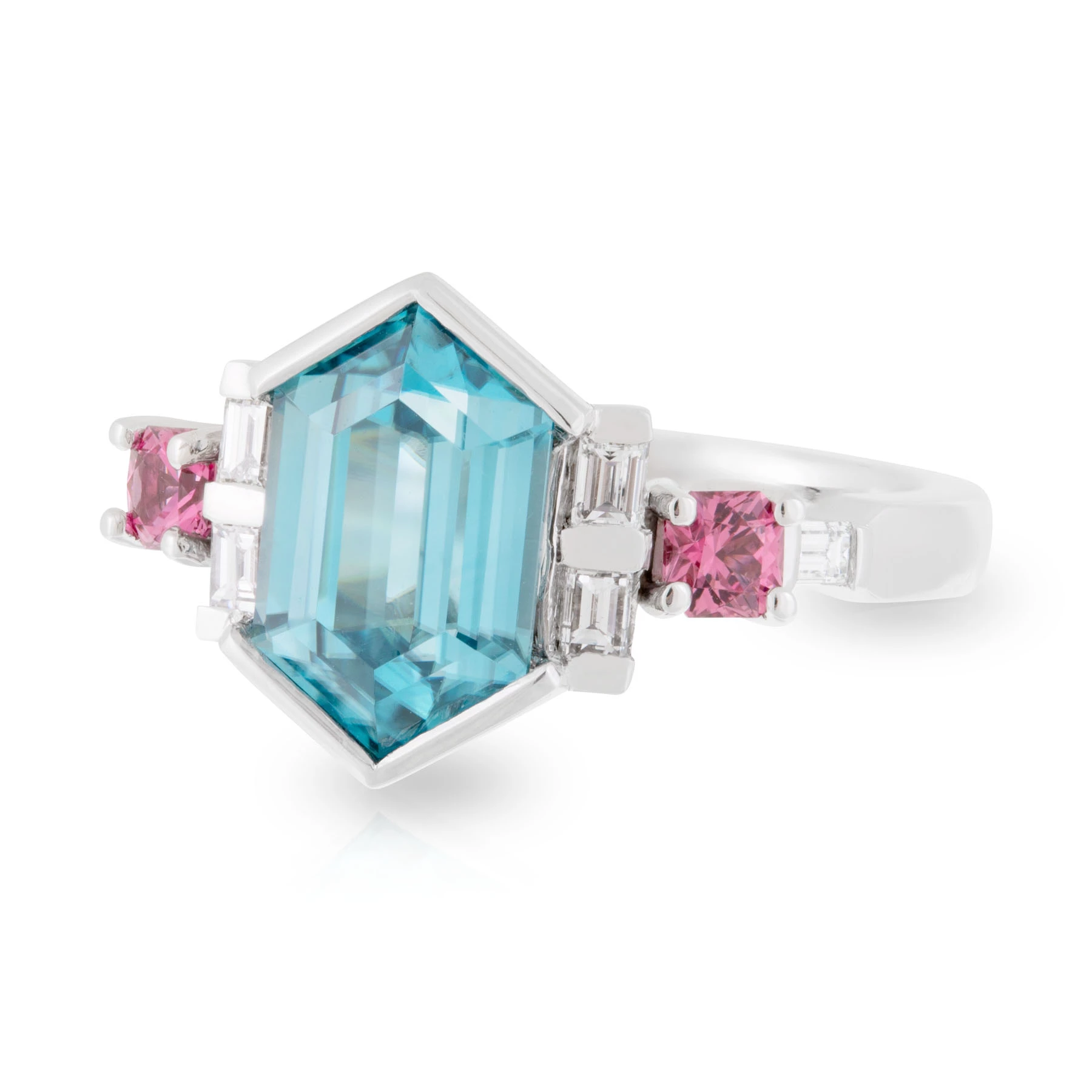Hex Blue Zircon with Pink Spinels Dress Ring