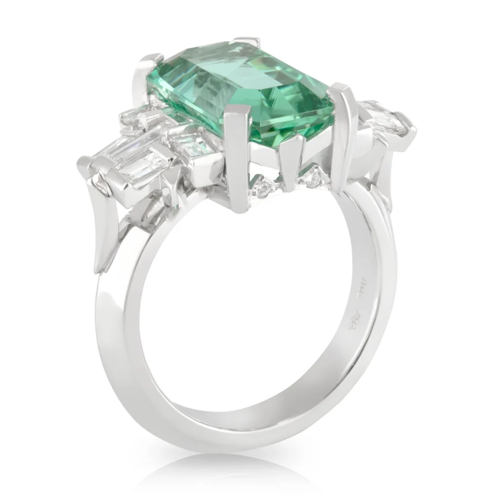 Mint Tourmaline and Baguette Diamond Geometric Ring