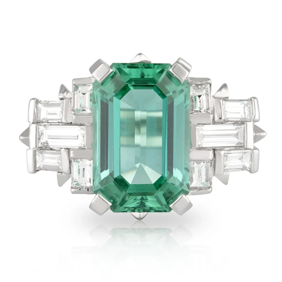 Mint Tourmaline and Baguette Diamond Geometric Ring