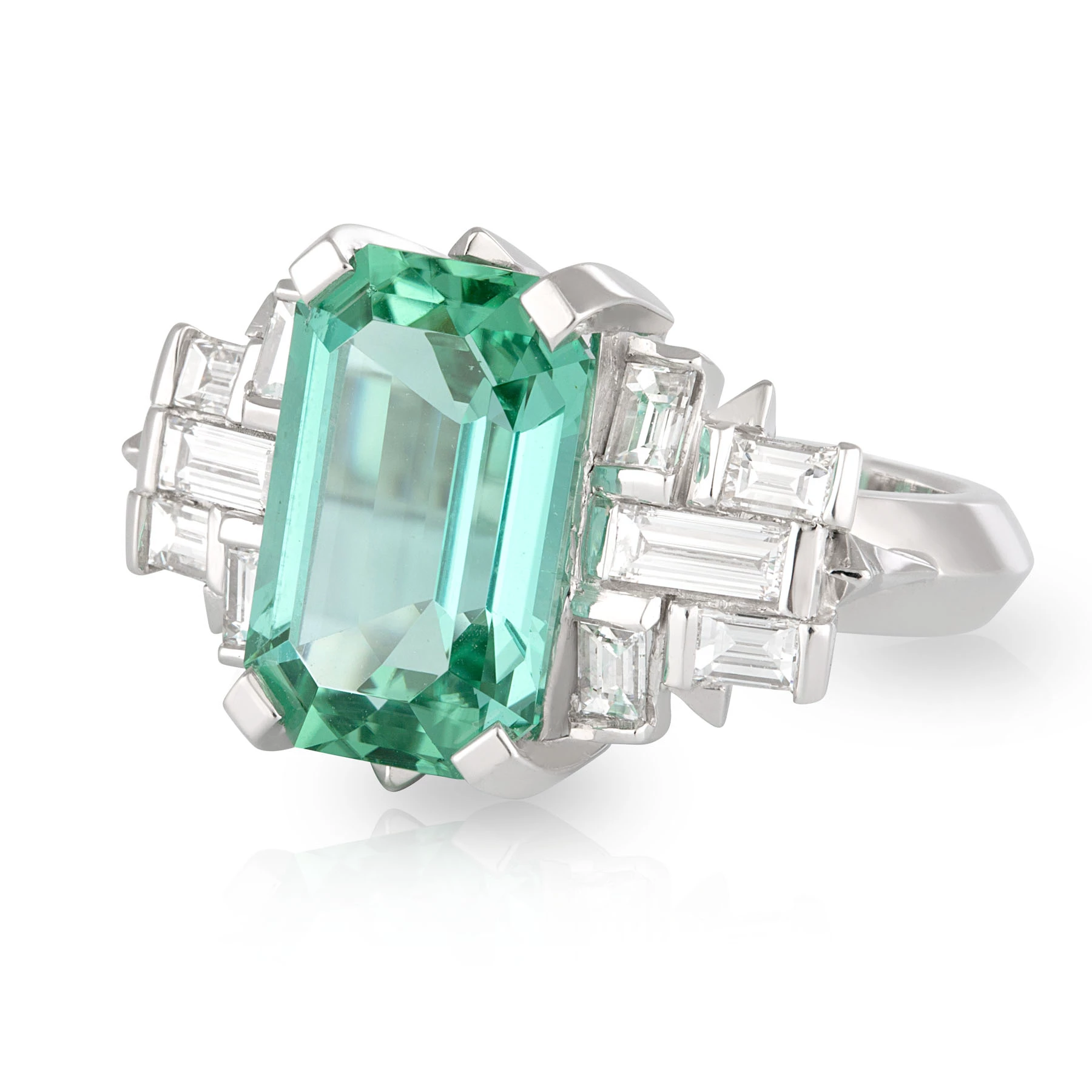 Mint Tourmaline and Baguette Diamond Geometric Ring