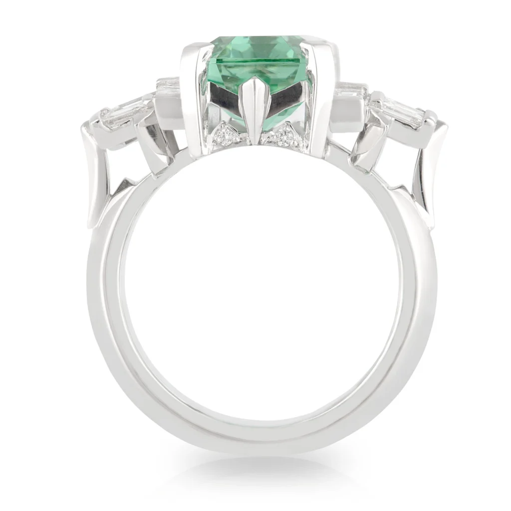 Mint Tourmaline and Baguette Diamond Geometric Ring Sitting Up