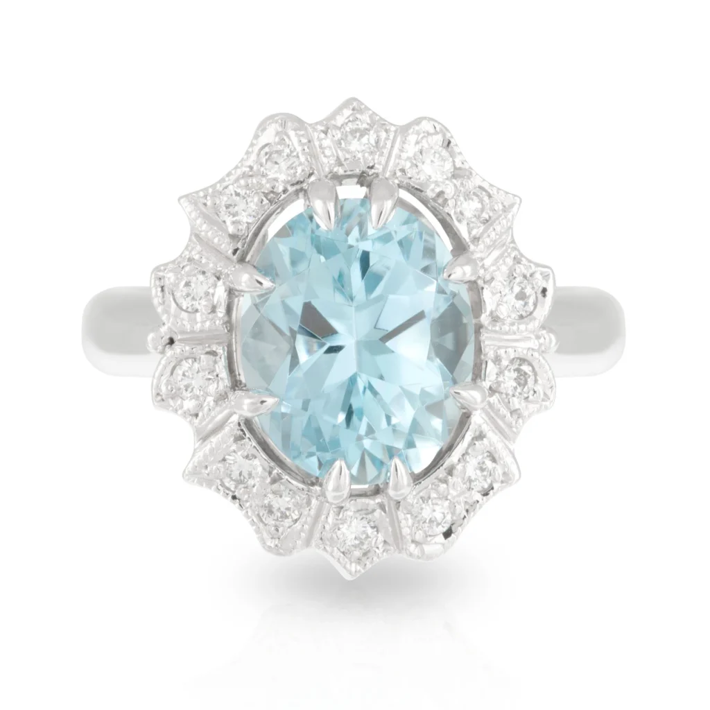 Oval Aquamarine Art Deco Halo Ring Front