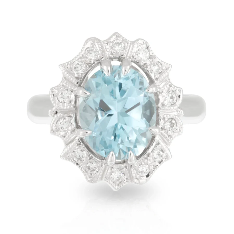 Oval Aquamarine Art Deco Halo Ring Front