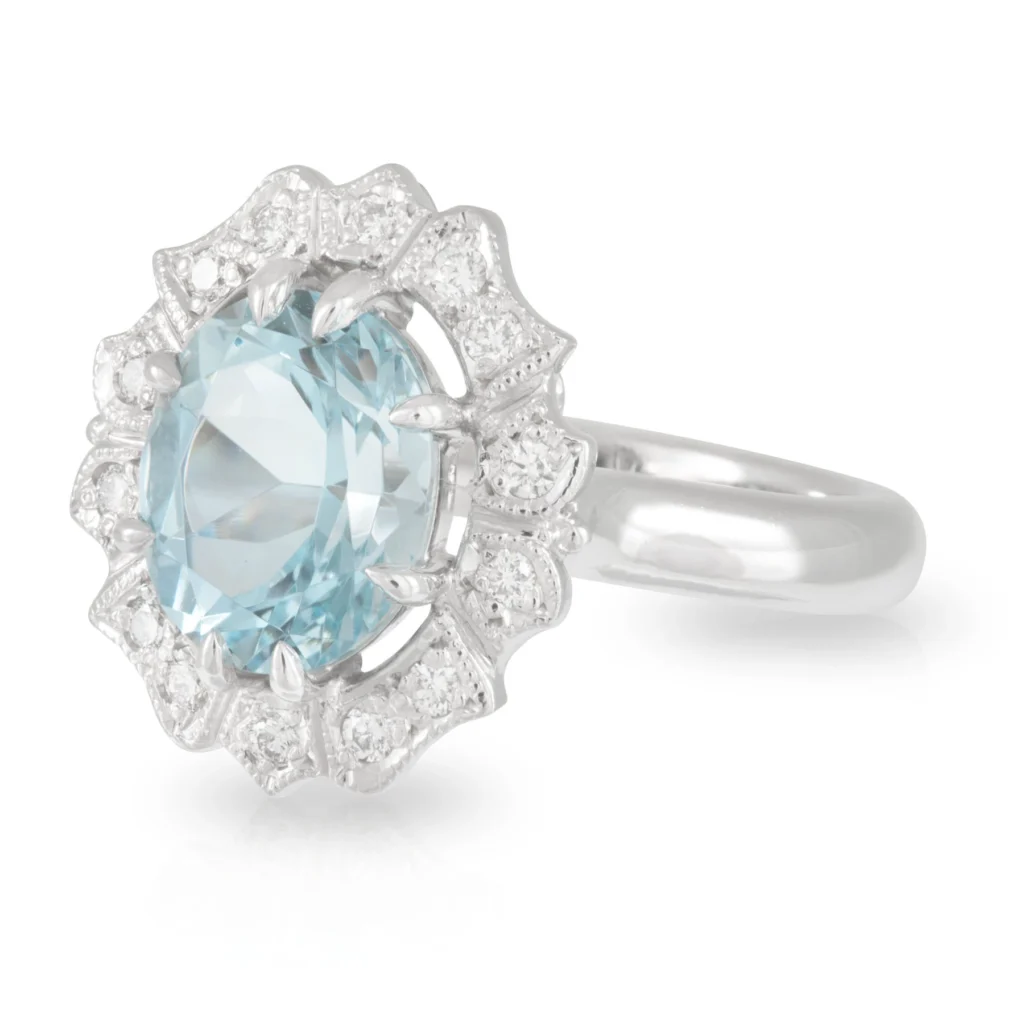 Oval Aquamarine Art Deco Halo Ring Left