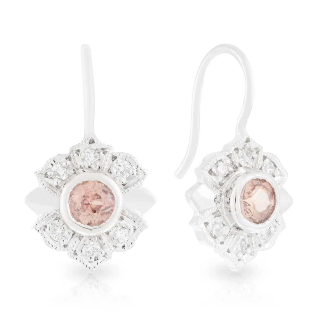 Peach Sapphire and Diamond Drop Earrings