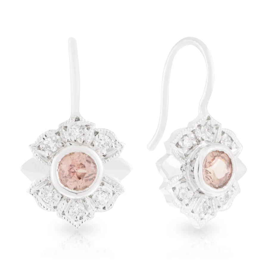 Peach Sapphire and Diamond Drop Earrings