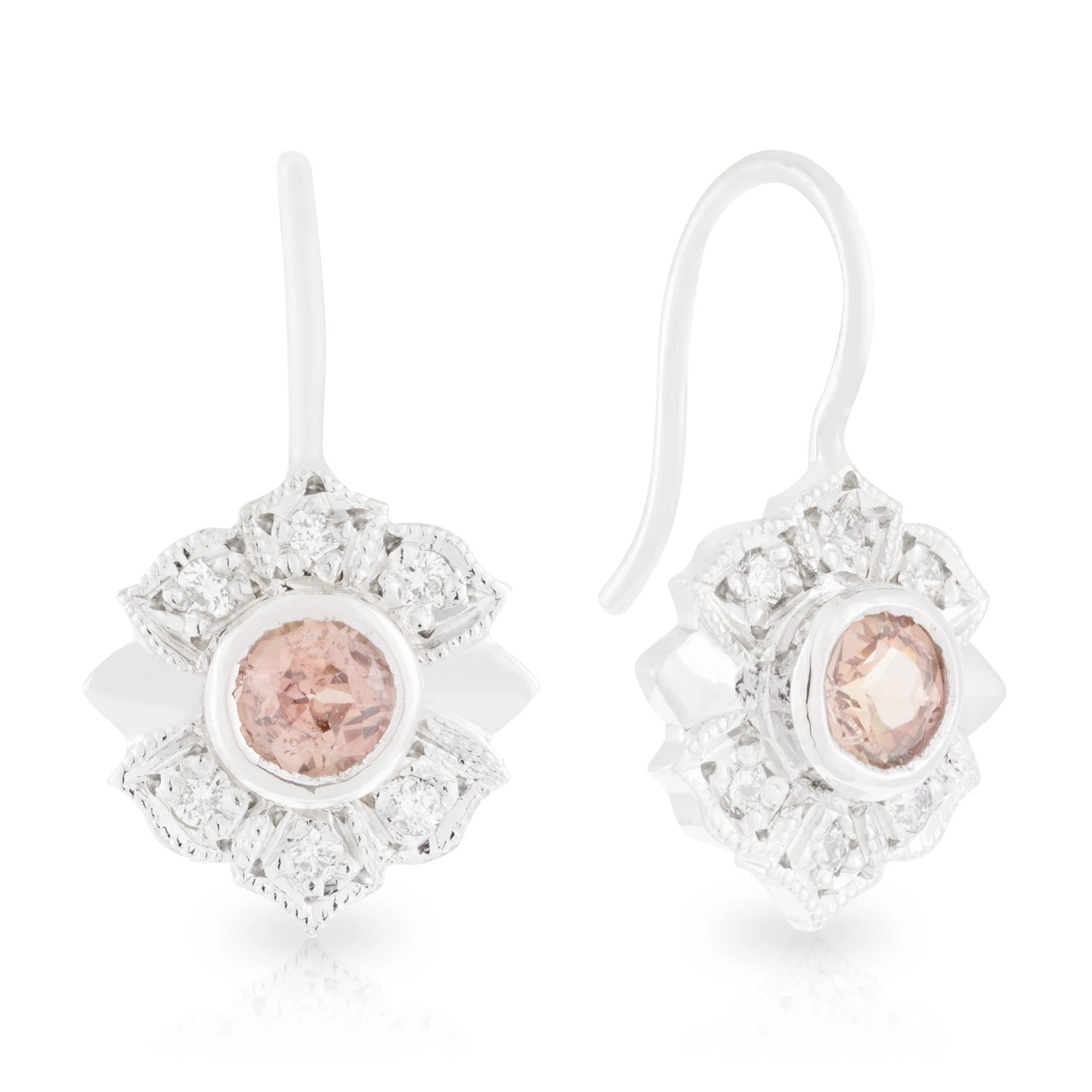 Peach Sapphire and Diamond Drop Earrings